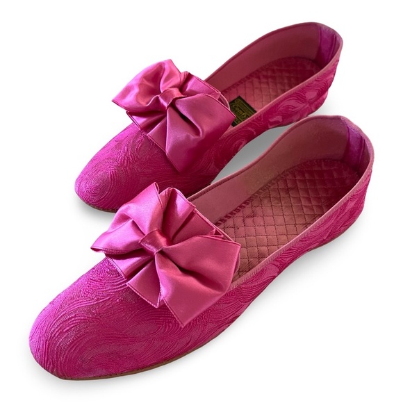 Daniel Green Vintage Comfy Slippers Hot Pink with Bows 1960s Size B70 - Picture 7 of 8